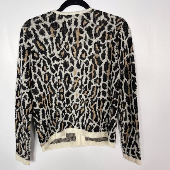Joie Medium M Cream Black Leopard Print Wool Mohair Full Zip Sweater Animal Crew - Picture 2 of 9